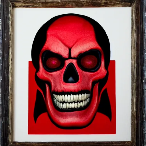 Prompt: Portrait of red skull with black tar oozing from eye sockets