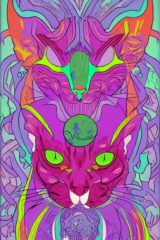 Image similar to demon cat, art by brian miller, colorful, illustration, highly detailed, simple, no jagged lines, smooth