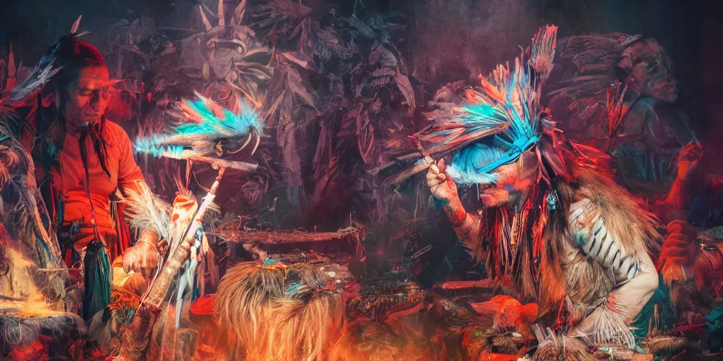 Image similar to of Native American shaman drumming by Liam Wong and Boris Vallejo