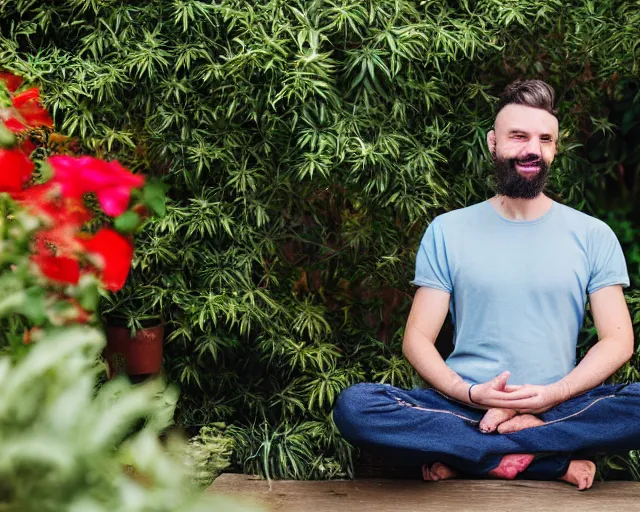 Image similar to mr robert is drinking fresh tea, smoke weed and meditate in a garden from spiral mug, detailed smiled face, short beard, golden hour, red elegant shirt