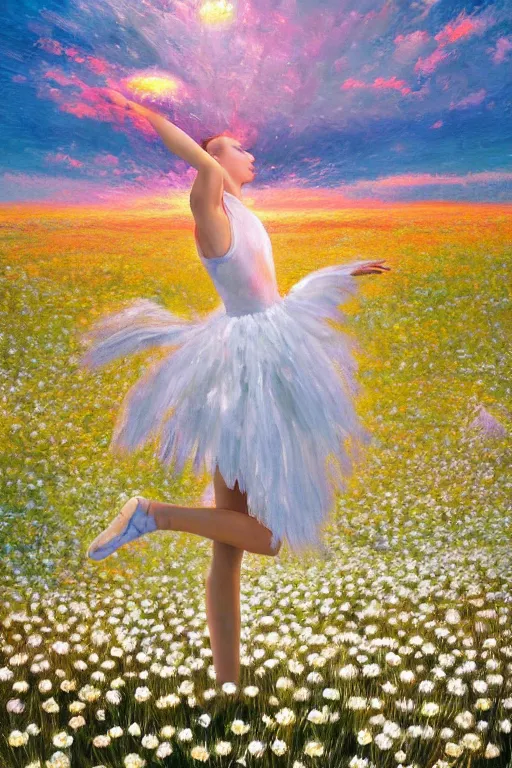 Prompt: giant white daisies flower as head, girl ballet dancing in a flower field, surreal photography, sunrise, dramatic light, impressionist painting, colorful clouds, digital painting, artstation, simon stalenhag