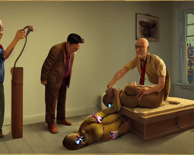 Image similar to the famous snake oil salesman Uncle Aloysius curing a patient of 🐻, painting by Grant Wood, 3D rendering by Beeple, sketch by R. Crumb