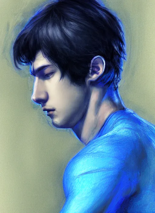 Image similar to handsome young man with short black hair, male, dressed in blue, looking down, half body shot, arms down, path traced, highly detailed, high quality, digital painting, ayami kojima