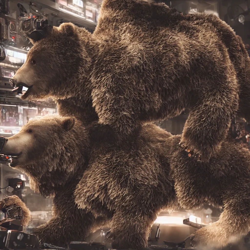 Image similar to a cyborg grizzly bear dj mixing records on stage, photorealistic, highly detailed, illustration, lifelike, highly detailed, intricate, octane render, sharp focus, cyberpunk