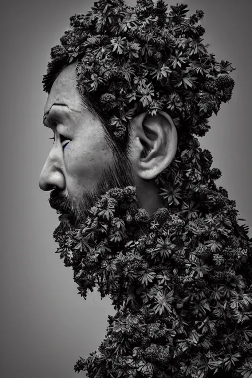 Image similar to Japanese man's face in profile, long beard, made of flowers and fruit, in the style of the Dutch masters and Gregory crewdson, dark and moody