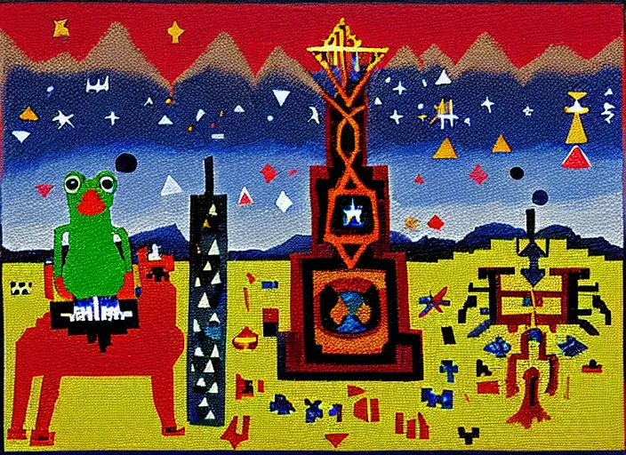 Image similar to pixel decollage painting tarot lovers card composition tower of babel road red armor maggot bear and wonky alien frog skeleton knight on a horse in a dark red cloudy night sky with golden foil jewish stars and diamonds, mountain lake and blossoming field in background, painted by Mark Rothko, Helen Frankenthaler, Danny Fox and Hilma af Klint, pixelated, neo expressionism, semi naive, pastel colors, cinematic, color field painting, cave painting, voxel, pop art look, outsider art, minimalistic. Bill Traylor painting, part by Philip Guston, Amano and Francis Bacon. art by Adrian Ghenie and Storm Thorgerson, very coherent symmetrical artwork, cinematic, hyper realism, high detail, octane render, unreal engine, Smooth gradients, depth of field, full body character drawing, extremely detailed, 8k, extreme detail, intricate detail, masterpiece