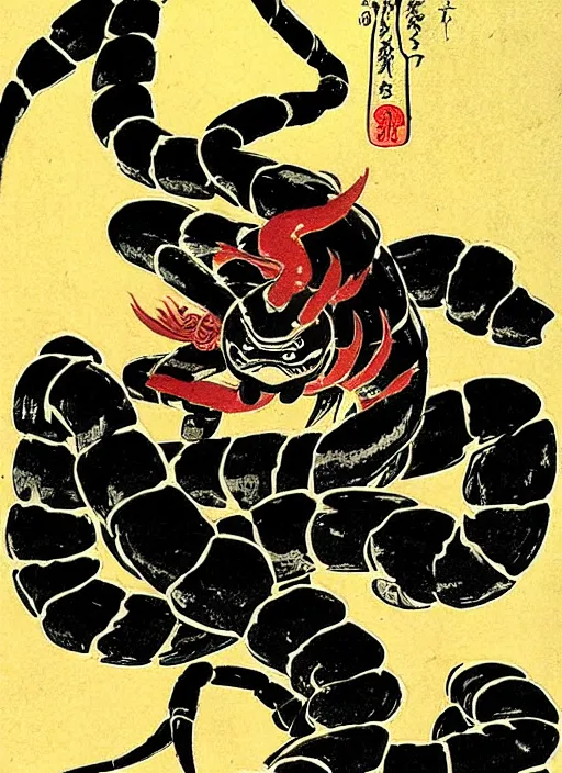 Image similar to mortal kombat's scorpion as a yokai illustrated by kawanabe kyosai and toriyama sekien