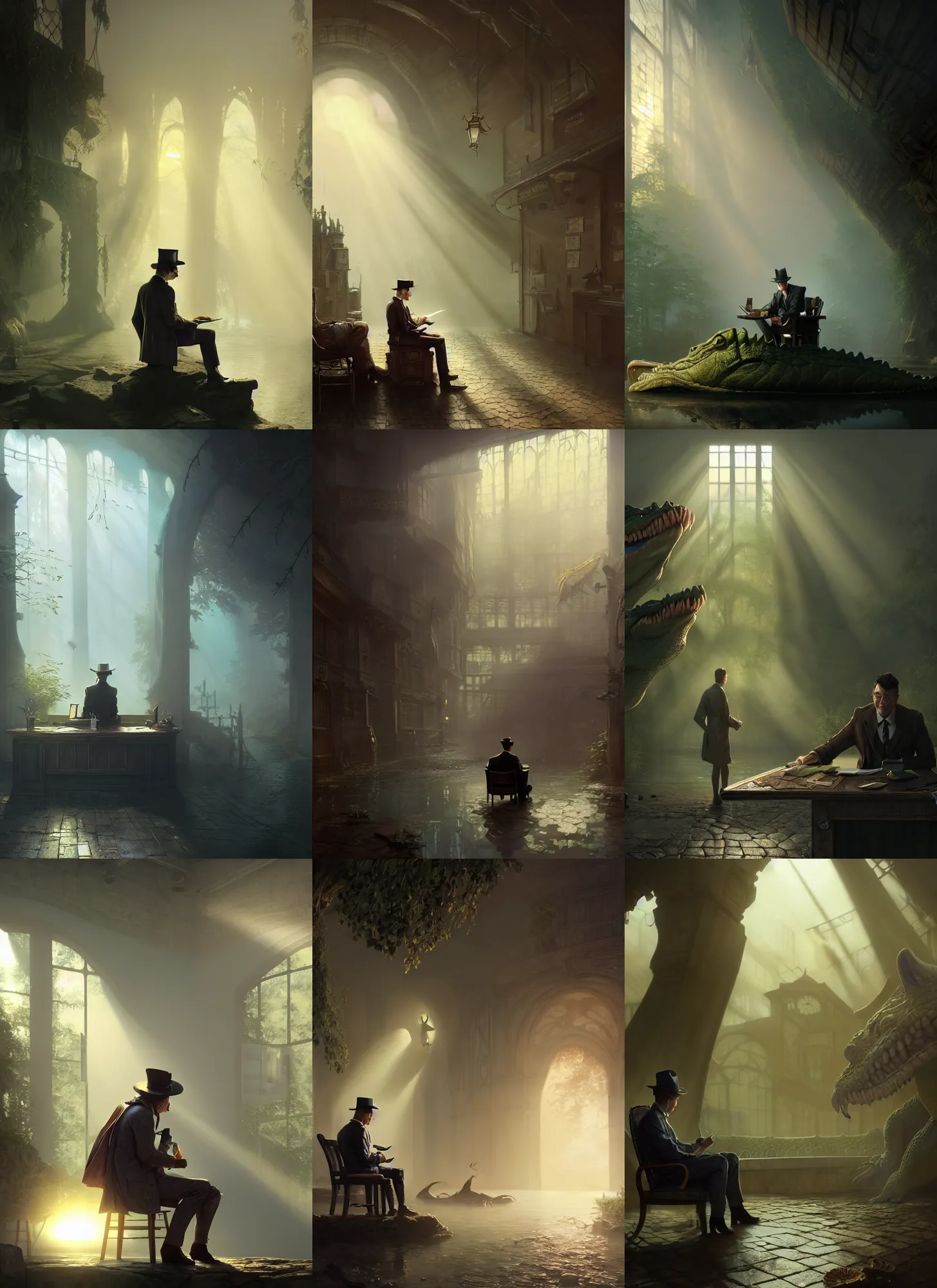 Prompt: Anthropomorphic crocodile detective in trenchcoat sitting in his office, mist, sunrays, dust in the air, DnD character, unreal engine, octane render, dramatic lighting, pond, digital art, by Stanley Artgerm Lau, greg rutkowski, thomas kindkade, alphonse mucha, loish, norman Rockwell