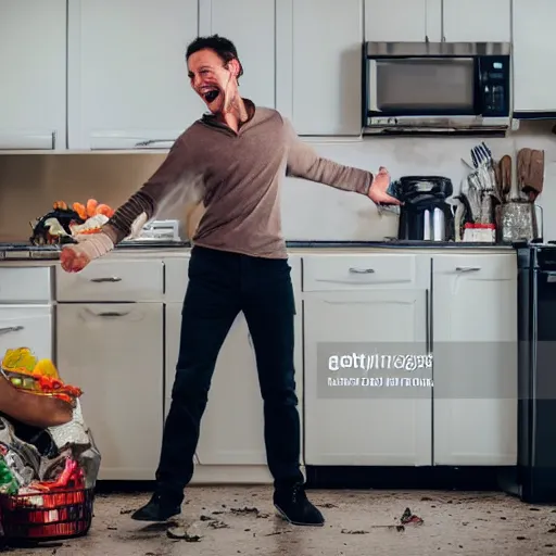 Prompt: photo of a man dancing in the kitchen, full of trash, garbage, shutterstock, getty images, istockphoto,