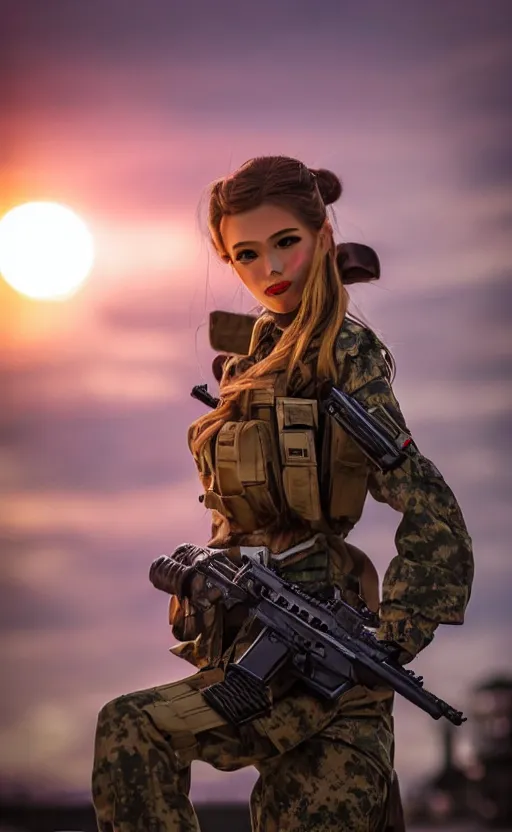 Image similar to portrait photo, highly detailed, high resolution, cosplay photo, stunning, real sunset, inspired by girls frontline, bokeh soft, 100mm, trending on instagram, by professional photographer, realistic human anatomy, smiling face, realistic military carrier, soldier clothing, modern warfare, realistic guns, cinematic shot, shot with a canon