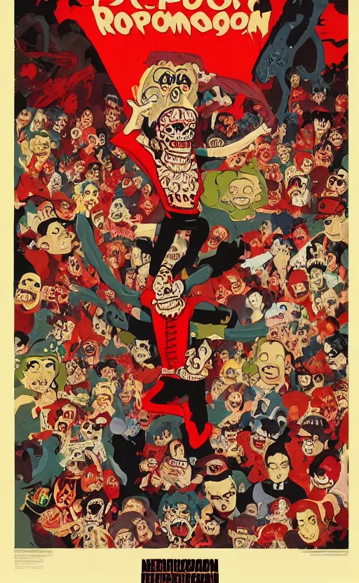 Image similar to cursed with necronomicon horrorcore cel animation poster depicting gory waldo eating the deceased power puff girls, intricate faces, metropolis, 1 9 5 0 s movie poster, post - processing, vector art