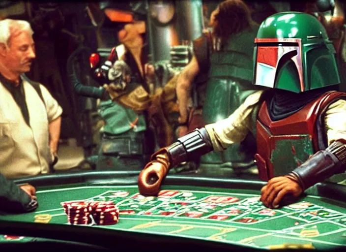 Image similar to film still of Boba Fett gambling in vegas in the Phantom Menace 1999