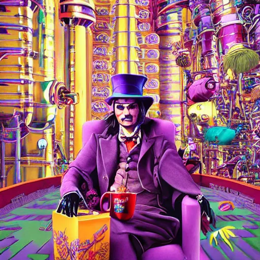 Prompt: Johnny Depp is covered in a blanket and drinking tea in Willy Wonka's Chocolate Factory, Illustration, Colorful, insanely detailed and intricate, super detailed, by Beeple