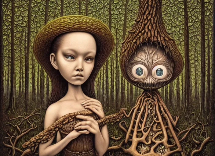 Image similar to intricate detailed portrait of a character in front of a cabin in a dark mysterious forest by mark ryden, naoto hattori, giger