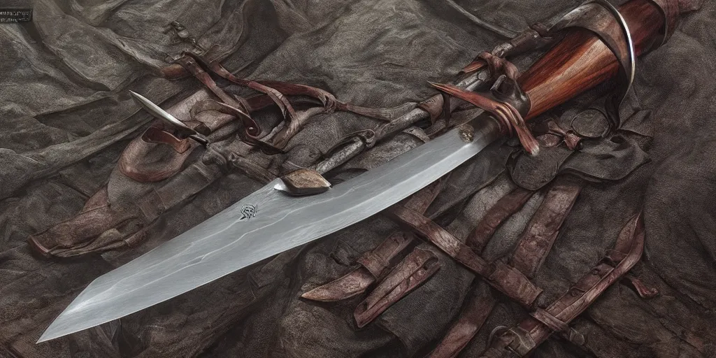Prompt: basic steel sword, shortsword, wood, leather, medieval, forged, blacksmith, product design, final result, art by gerald brom, greg rutkowski and artgerm and james jean and zdzisław beksinski, 8 k, unreal engine, c 4 d