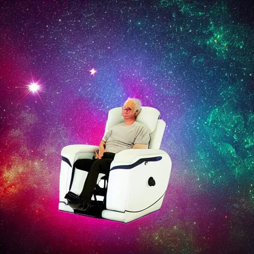 Prompt: community acupuncture recliner chair and person receiving acupuncture, floating in space, galactic background with cosmic rays, chill, dramatic lighting