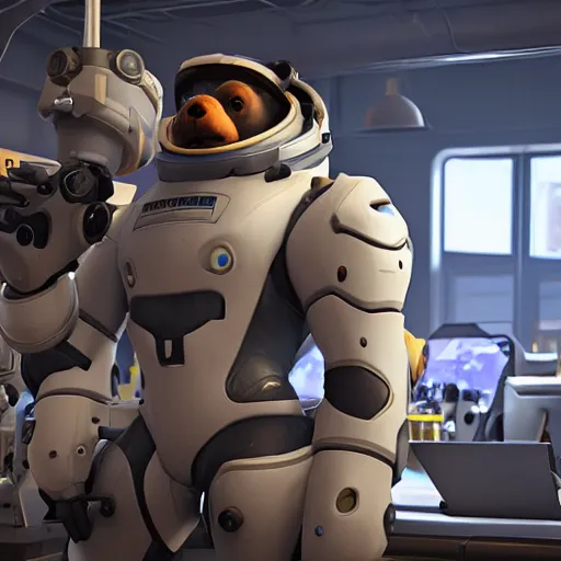 Image similar to winston from overwatch sitting in his lab on the moon, unreal engine 5 4 k