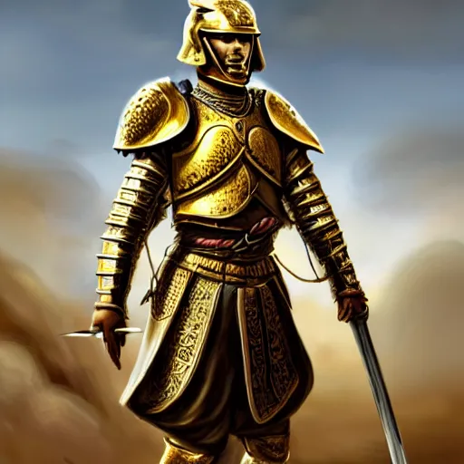 Image similar to Hyper-realistic painting of the King of the Desert, Warrior at war, battle field, action, Gold Armour suit, Sword, handsome attractive face, attractive young man, beautiful face, dramatic lighting, majestic, D&D, fantasy, elegant, intricate, highly detailed, digital painting, concept art, sharp focus, illustration, trending on artstation, art by artgerm and greg rutkowski and alphonse mucha