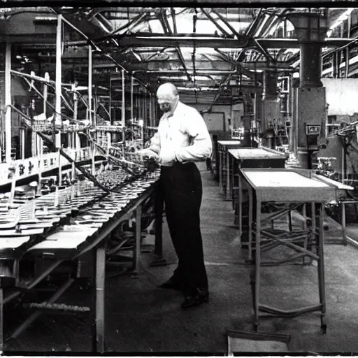 Prompt: vintage monochrome photograph of Walter White working in a munitions factory, highly intricate, highly detailed, 8k,