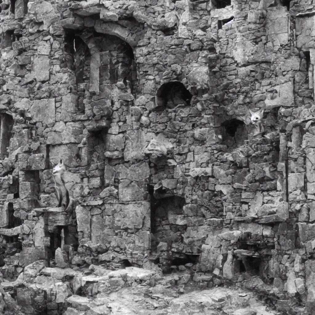 Image similar to anthropomorphic fox explores ancestral ruins, 1 9 3 0 s film still