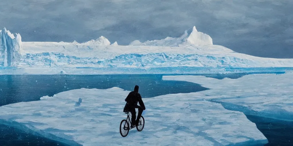 Prompt: A majestic arctic landscape featuring an iceberg and frozen sea. There is a man riding a bicycle. Snow is falling. Cinematic, very beautiful, painting in the style of Lord of the rings