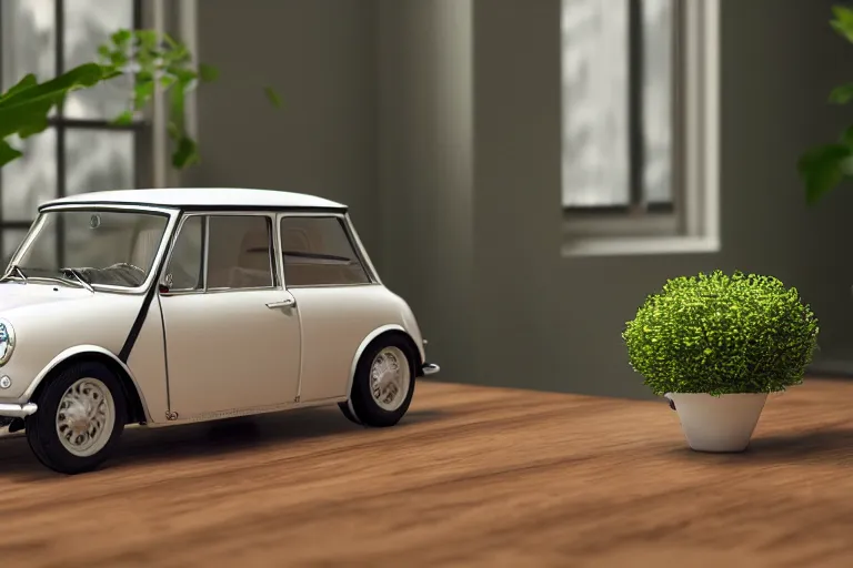 Image similar to a small miniature of a Mini Cooper S 1963 on a white table near a vase with a plant near a window at sunset, 3d render, unreal engine 5, octane render, 4k, low contrast, ray tracing, serene landscape, calm, relaxing, beautiful landscape, highly detailed, high quality, product photo, hyperrealistic, concept art, symmetrical, centered, godrays