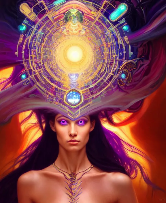 Image similar to a whirlwind of souls rushing inside the metaverse, half body, glowin eye, tiara with sapphire, pharaoh, android, cyborg, cyberpunk face, d & d, fantasy, intricate, elegant, highly detailed, colorful, vivid color, digital painting, artstation, concept art, art by artgerm and greg rutkowski and alphonse mucha and ruan jia