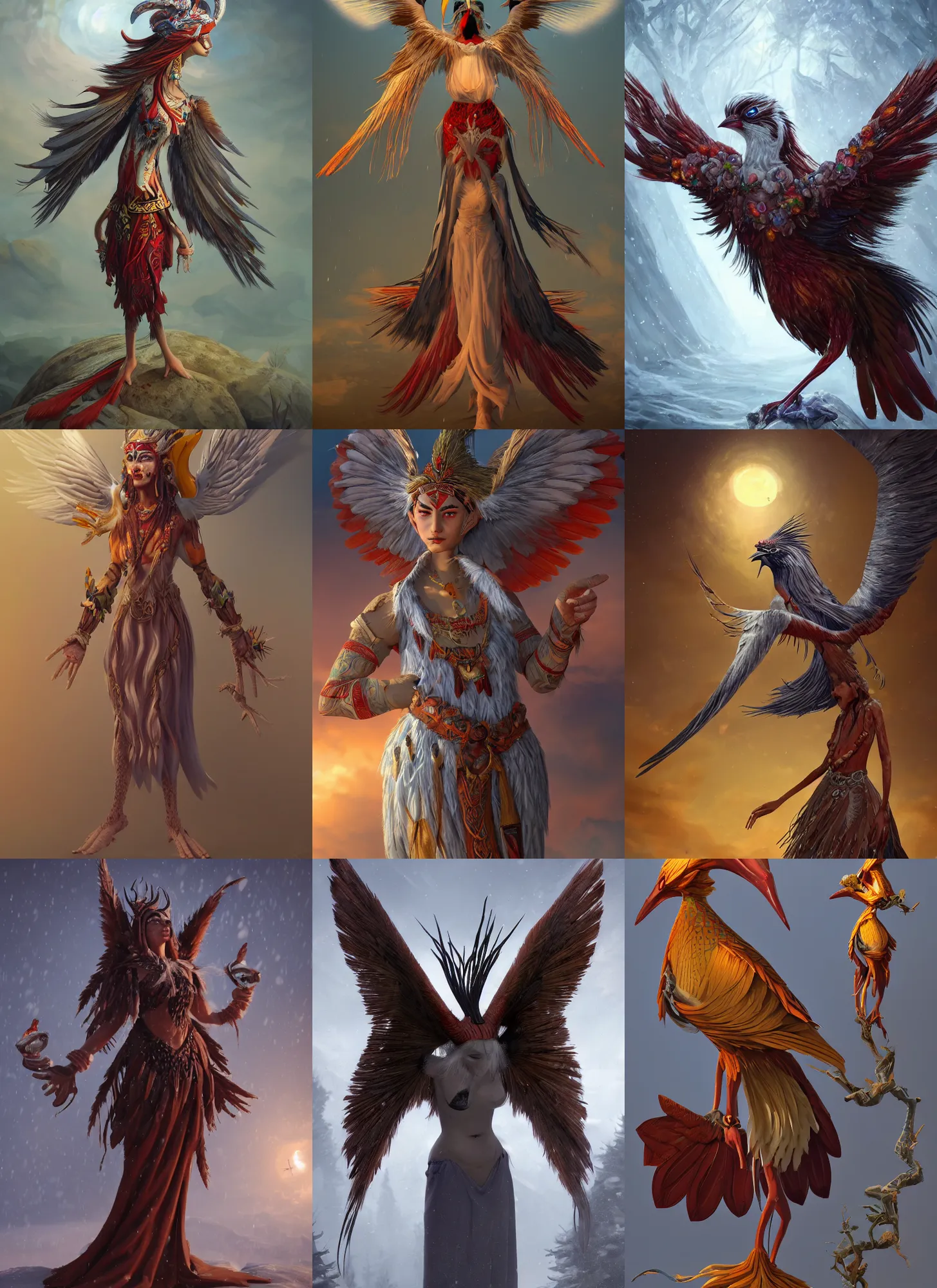 Image similar to Gamayun is a fantastic bird of Proto-Slavic mythology, Like a Alkonost, the divine bird woman, whose main function is the fulfillment of predictions, the prophetic bird shaman, also knew how to control the weather. Full body, detailed and realistic, 4k, top artstation, inspired by Blizzard games, octane rendering