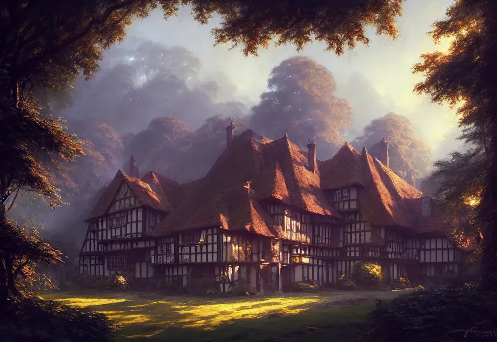 Prompt: a tudor manor house surrounded by jungle, clear blue sky, cinematic view, concept art, high detail, well lit, volumetric, godrays, vivid, trending on artstation, by jordan grimmer, art greg rutkowski