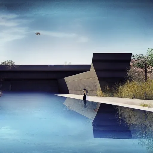 Image similar to architectural rendering of biophilia brutalism building in the desert, pool, garden