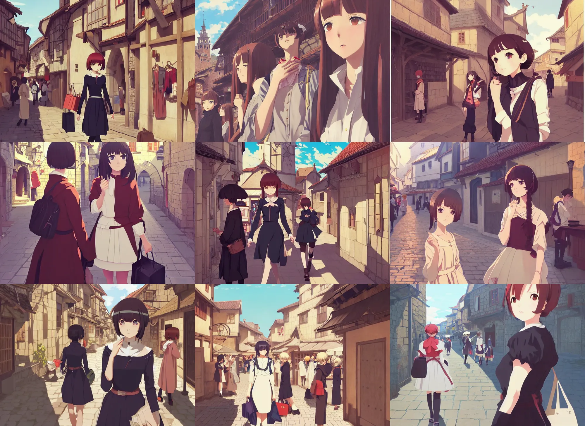 Prompt: anime visual, portrait of a young female traveler in a busy medieval village exterior shopping, cute face by ilya kuvshinov, yoh yoshinari, makoto shinkai, dynamic pose, dynamic perspective, cel shaded!!!, flat mucha, rounded eyes, crisp smooth clean lines, dramatic, strong silhouette