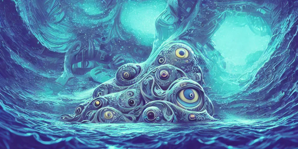 Image similar to of an intricate deep sea with strange cute friendly happy creatures with huge eyes, long tongue, round teeth and goofy funny face, appearing from the background, in the style of gehry and gaudi, macro lens, shallow depth of field, ultra detailed, digital painting, trending artstation, concept art, illustration, cinematic lighting, photorealism, epic, octane render