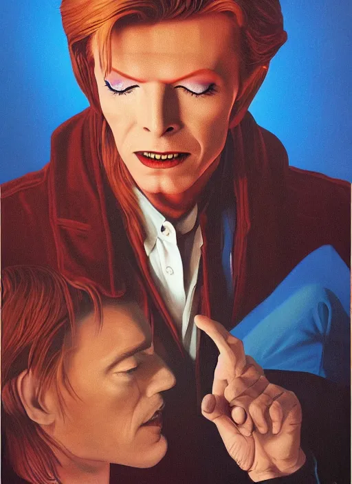 Prompt: twin peaks poster art, portrait of david bowie arriving in tweak peaks, by michael whelan, rossetti bouguereau, artgerm, retro, nostalgic, old fashioned, 1 9 8 0 s teen horror novel cover