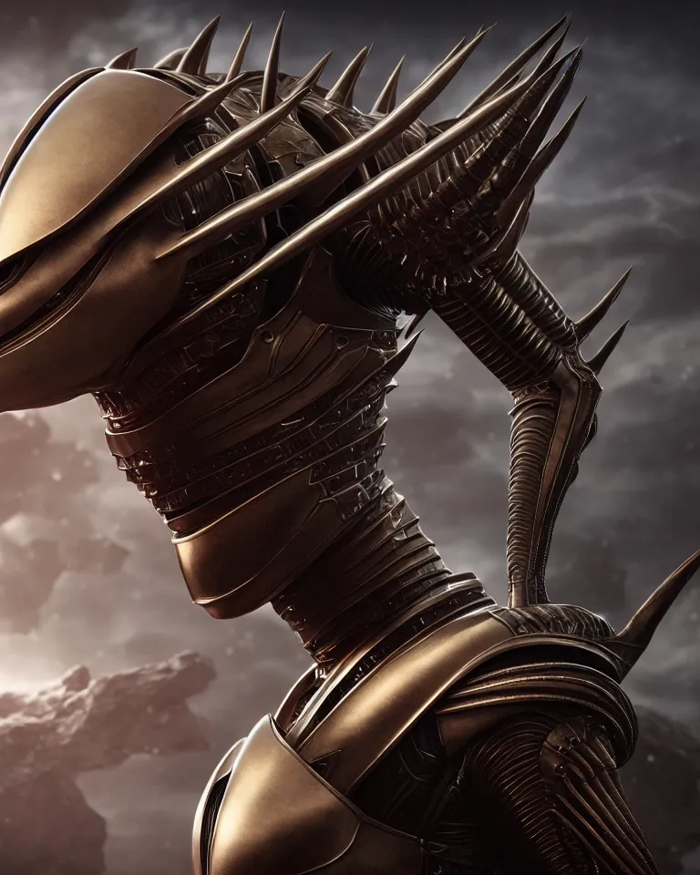 Image similar to epic portrait of alien queen in ring armour by cleavanger and elvgren epic awesome symmetrical octane vfx maya render realistic