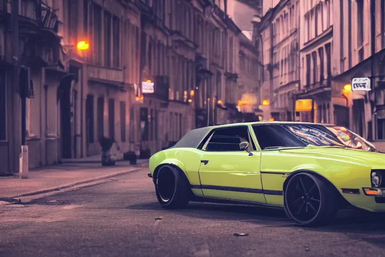 Prompt: widebody audi camaro b 1 ( 1 9 6 9 ), need for speed : carbon, at night, sci - fi, neon lines, lviv historic centre, phonk music background, smoke behind wheels, noise, dark, establishing shot, by simon stalenhag