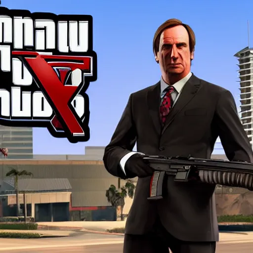 Image similar to saul goodman standing in the sun holding a smg gun, grand theft auto 5 artwork