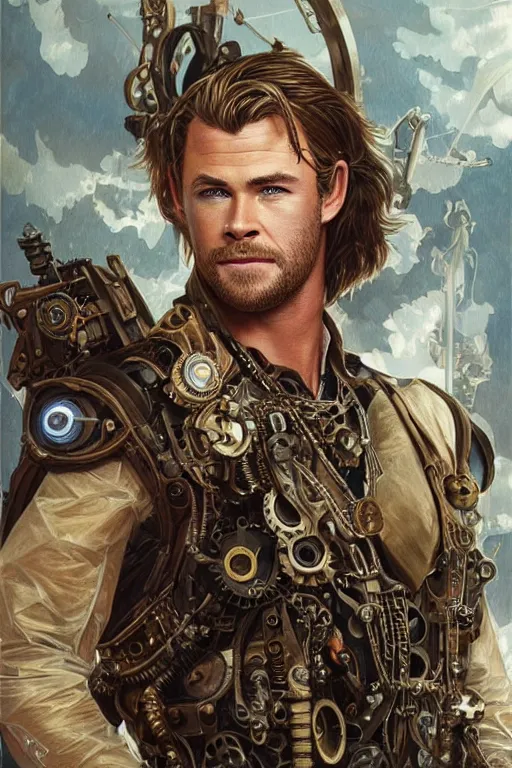 Image similar to chris hemsworth as a steampunk cyborg, portrait, western, steampunk, duster, fantasy, intricate, elegant, highly detailed, digital painting, artstation, concept art, sharp focus, illustration, art by artgerm and greg rutkowski and alphonse mucha