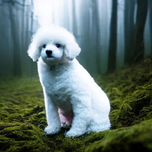 Prompt: high detail photo extreme long shot of a small sad abandoned white poodle puppy sitting alone in the mossy foggy forest at night, blue moonlight, tilted frame, spooky, atmospheric, hazy, 8k