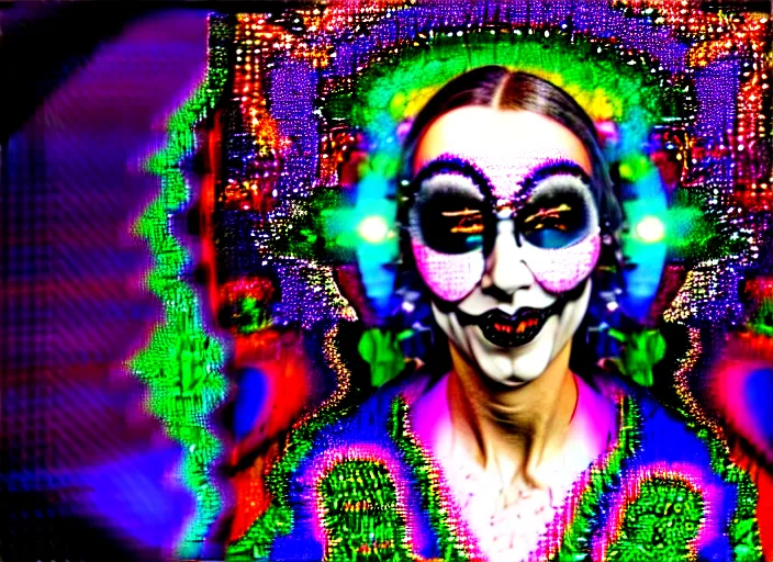 Prompt: baroque bedazzled gothic bedazzled futuristic frames surrounding a pixelsort highly detailed portrait of a colorful maximalist maximalism deocra cute jester art of the face of anonymous, a hacker hologram by penny patricia poppycock, pixabay contest winner, holography, irridescent, photoillustration, maximalist vaporwave