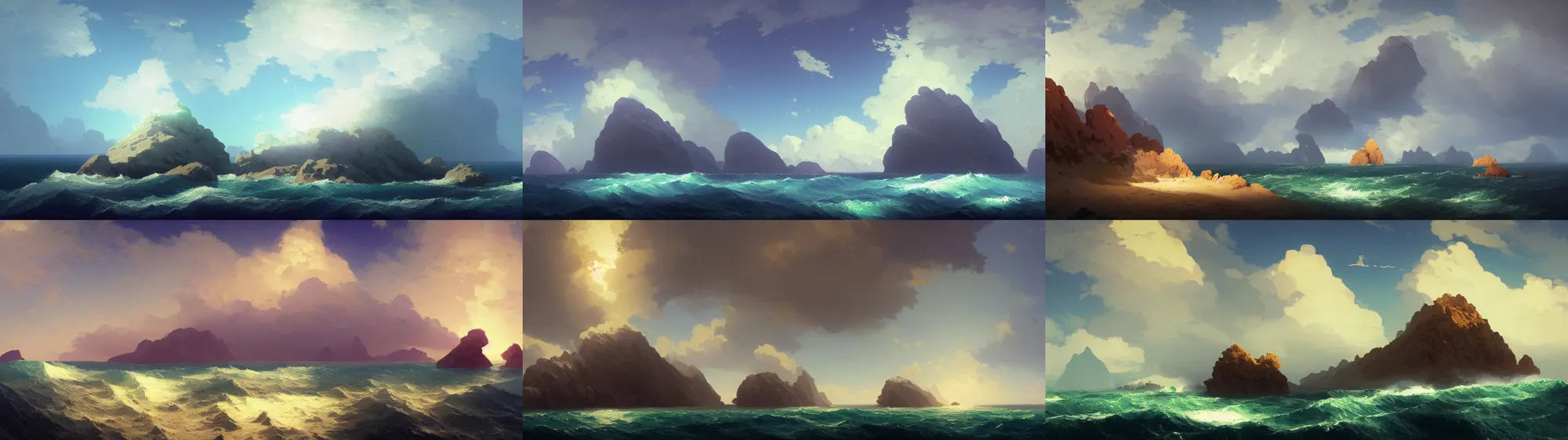 Prompt: huge island in the sea with a lot of rocks and mountains, billowing clouds, wide angle lens, shot from a low angle. by by ivan aivazovsky, and jesper ejsing and rhads and makoto shinkai and lois van baarle and ilya kuvshinov, global illumination, 3 6 0 degree panorama