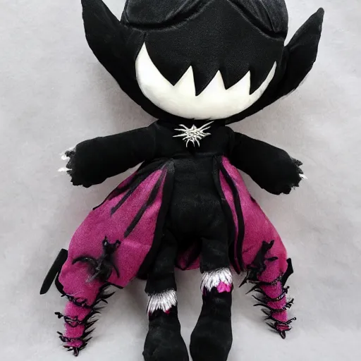 Prompt: cute fumo plush of the nightmare princess, gothic regal and tattered black, broken hearts, tragic wraith, vray, web of tendrils, arachnid, wink