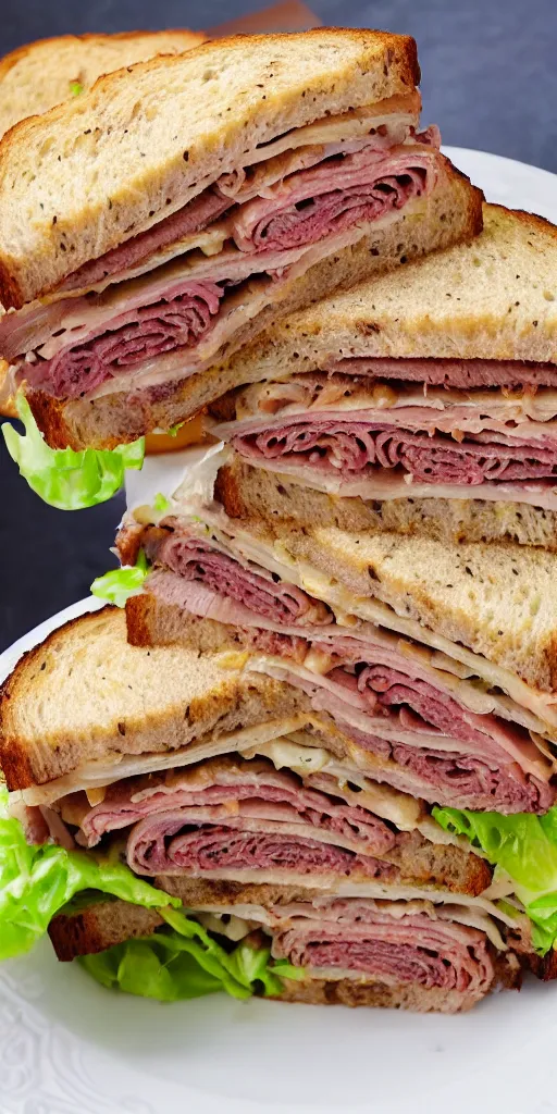 Image similar to a photograph of a rueben tower sandwich filled with so much cornbeef roasted meat that the sandwich is 5 - 1 0 x times taller than other sandwiches, it looks mouth watering with melting cheeses and grilled onions, 1 0 0 0 island dressing and pumpernickle bread cooked to perfection, food photography