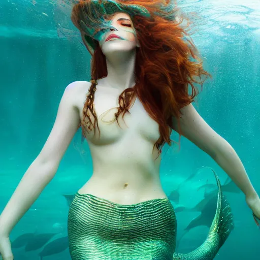 Prompt: beautiful mermaid siren, siren song, thin pale wan female, beautiful mermaid, under water, photoreal, 8 k resolution