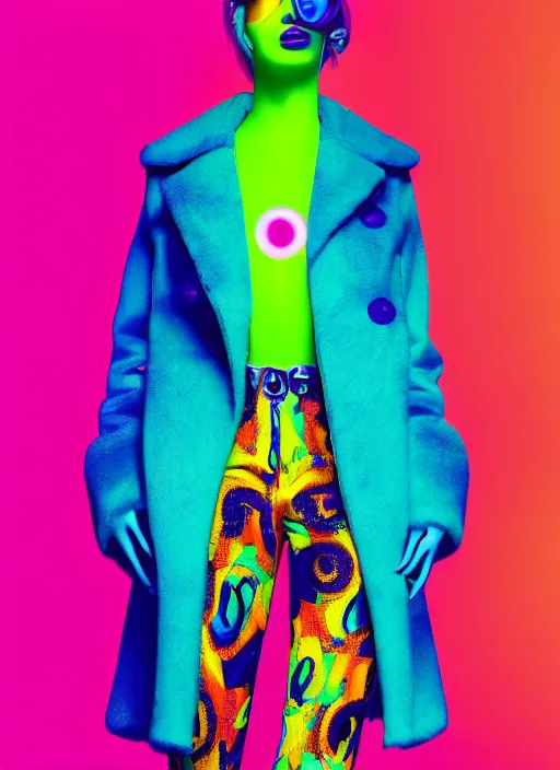 Image similar to stylish coat for a rave, bright colors, many details, prints, photo for a magazine, photo for a store, fashion photography, Vogue, 135 mm, cinematic, hyper realism, high detail, octane render, 8k, chrome accents, very coherent symmetrical artwork, perfect face model, full length photo, Upper and lower body