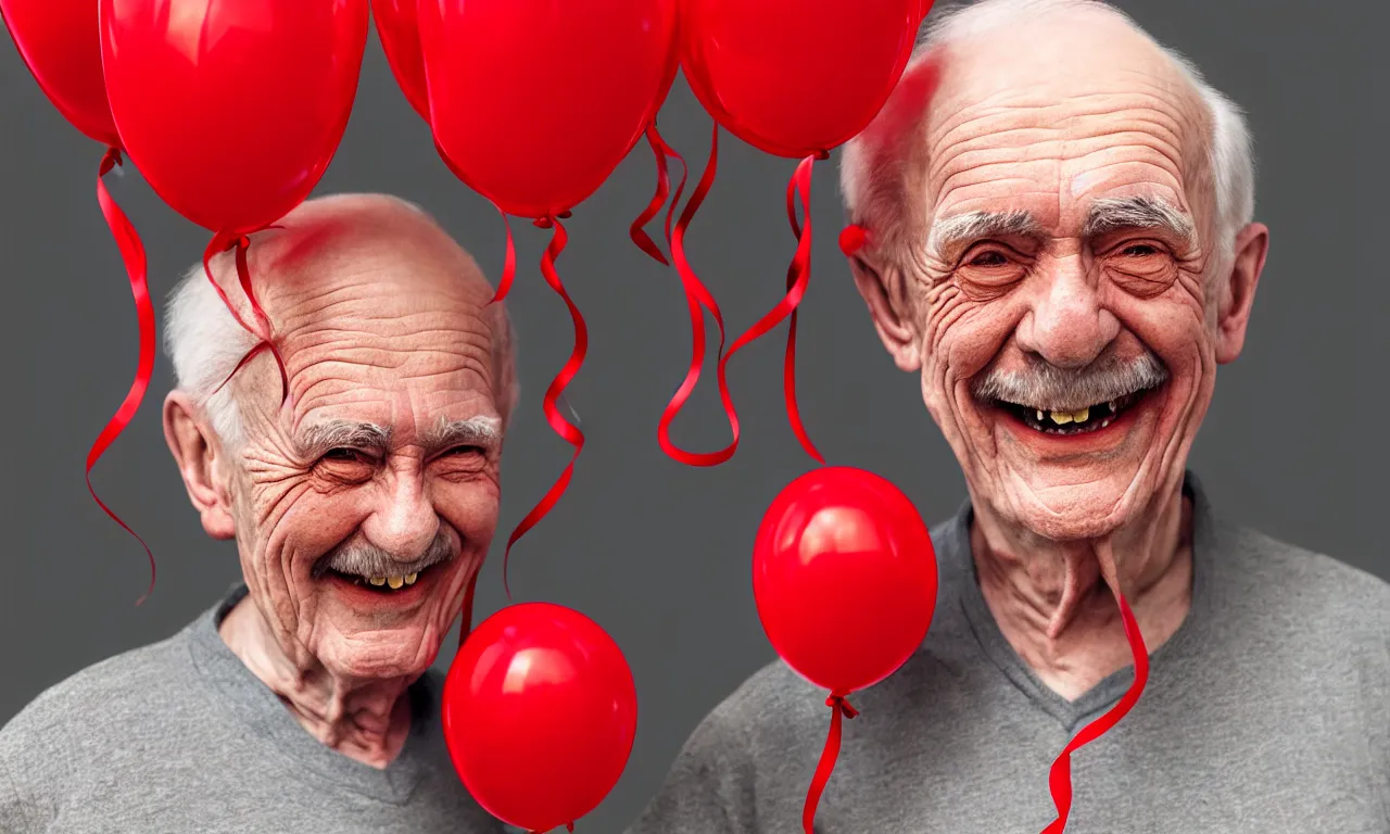 Prompt: waist up portrait of smiling old man with red balloons, highly detailed, digital painting, concept art, smooth, sharp focus, epic composition, award winning photography, gothic art, artstation, concept art, smooth and sharp focus, beautiful render, art by artgerm and wlop