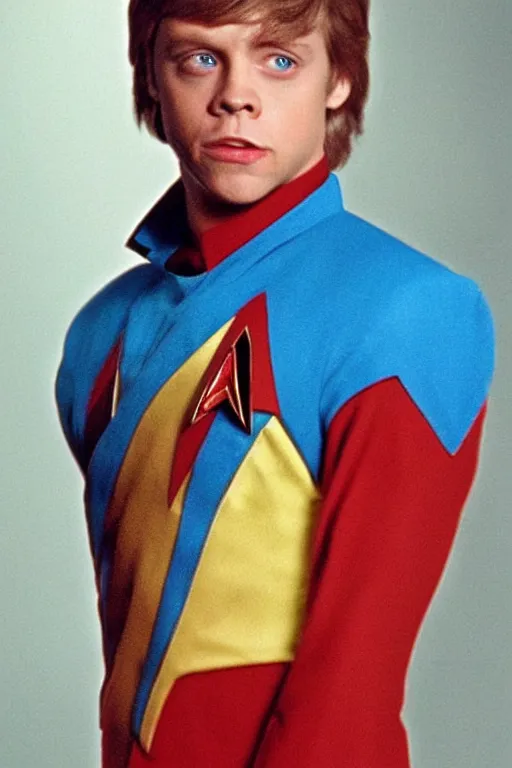 Prompt: photorealistic!! young adult mark hamill as a star trek captain, red starfleet uniform, film quality