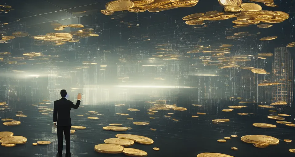 Image similar to Dramatic photo of a CEO waving to a large group of his coworkers in a futuristic office. Golden coins are levitating all around them. 8k, high detail, trending on Artstation, volumetric lighting, cyberpunk