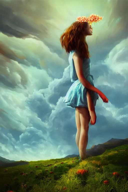 Image similar to closeup giant dahlia flower over the head, girl standing on mountain, surreal photography, blue storm clouds, dramatic light, impressionist painting, digital painting, artstation, simon stalenhag
