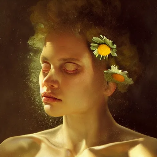 Prompt: a chamomile | highly detailed oil painting, hyperrealistic, very intrincate | cinematic lighting, award - winning | by roberto ferri, giger, beksinski and tom bagshaw | by austin osman spare and william blake, trending on artstation, cgsociety, official art, octane.