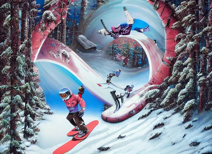 Image similar to a snowboard downhill with a portal to another dimension on the end, lowbrow, matte painting, 3 - d highly detailed, in the style of mark ryden,